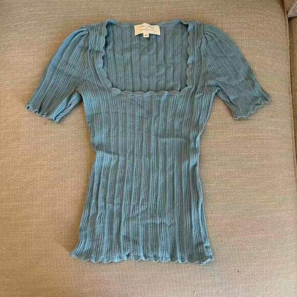 RARE Sezane Anil Jumper XSmall Frosted Blue Top Short Sleeve Sweater Knit French - Picture 2 of 6